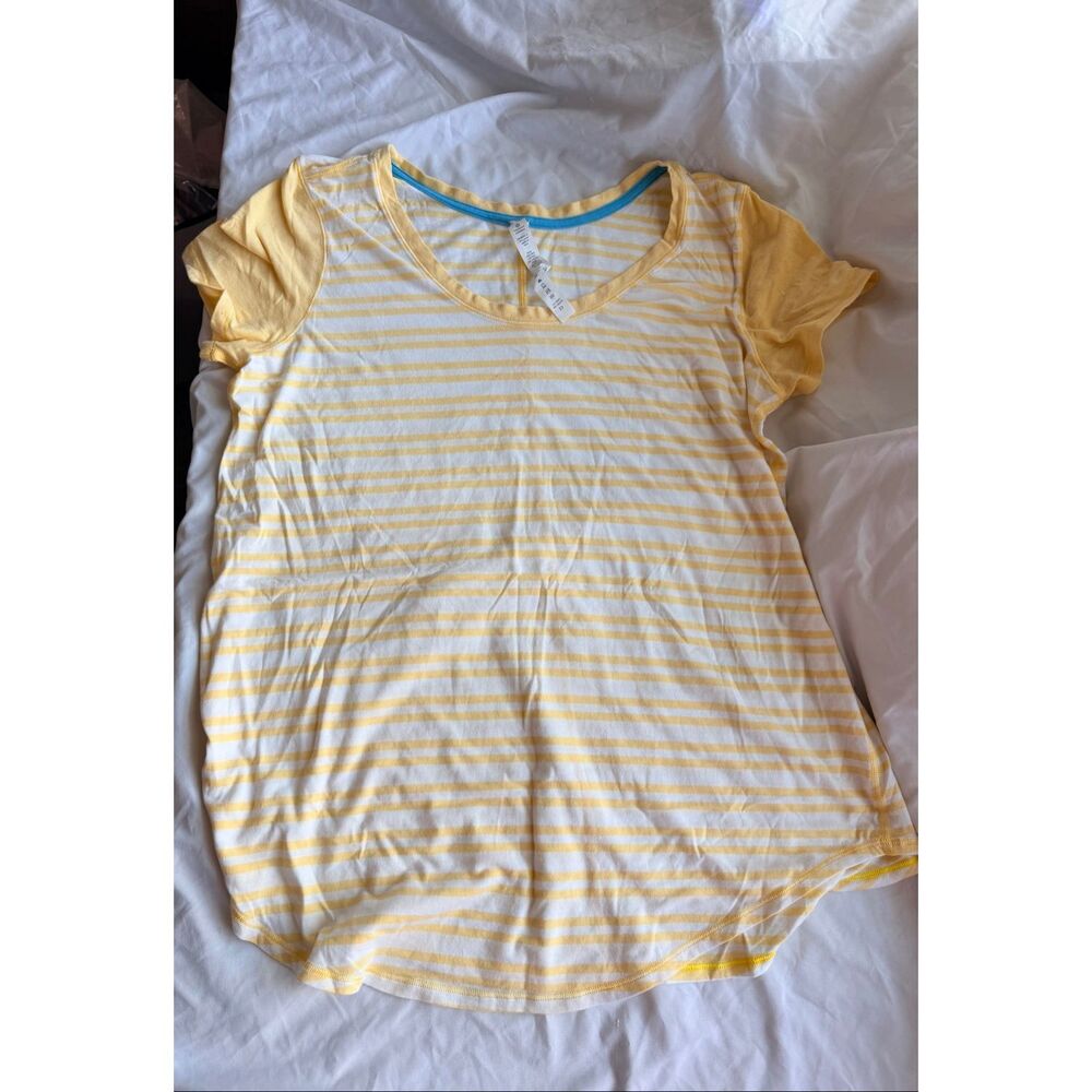 Lululemon Striped Short Sleeve T-Shirt Yellow White Teal Trim Women's Size 12